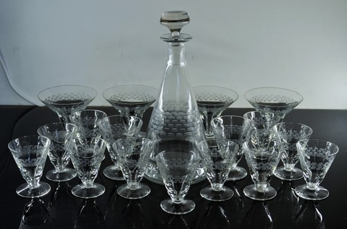 Antique carafe and glasses - and,